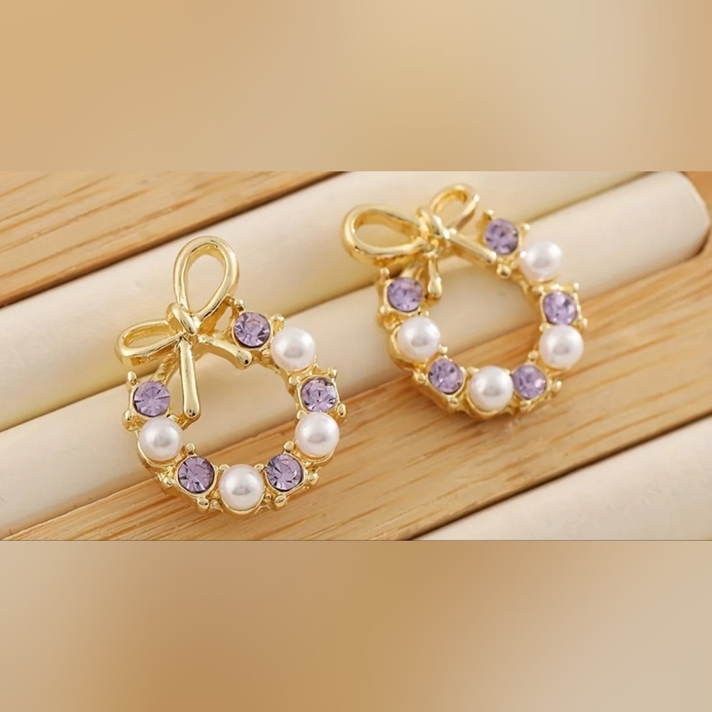Gold and Purple Bow Pearl Earrings